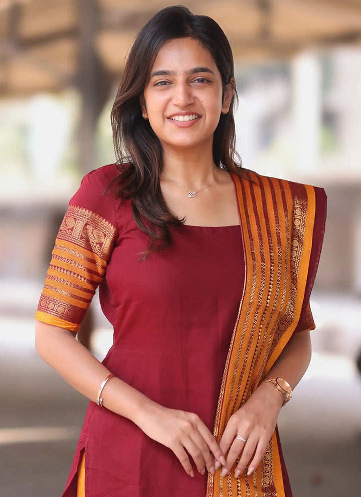 Maroon Kanchi Cotton Weaving Ceremonial Kurta And Dupatta