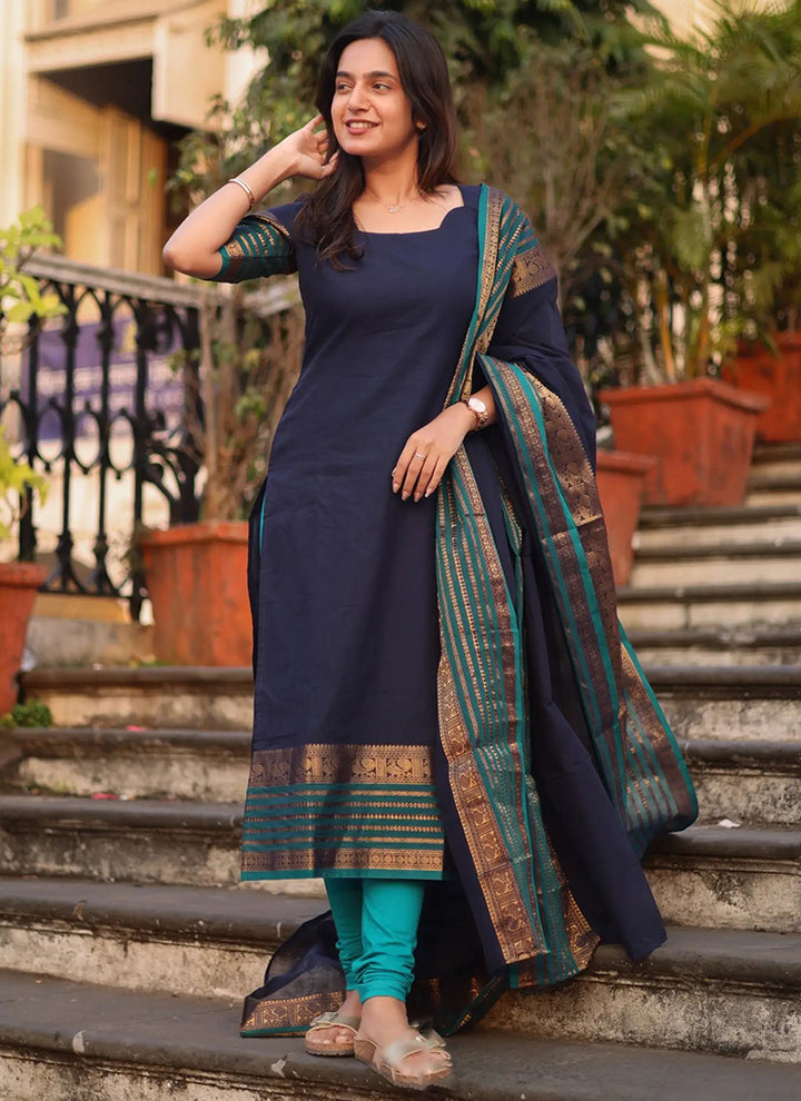 Navy Blue Kanchi Cotton Weaving Ceremonial Kurta And Dupatta