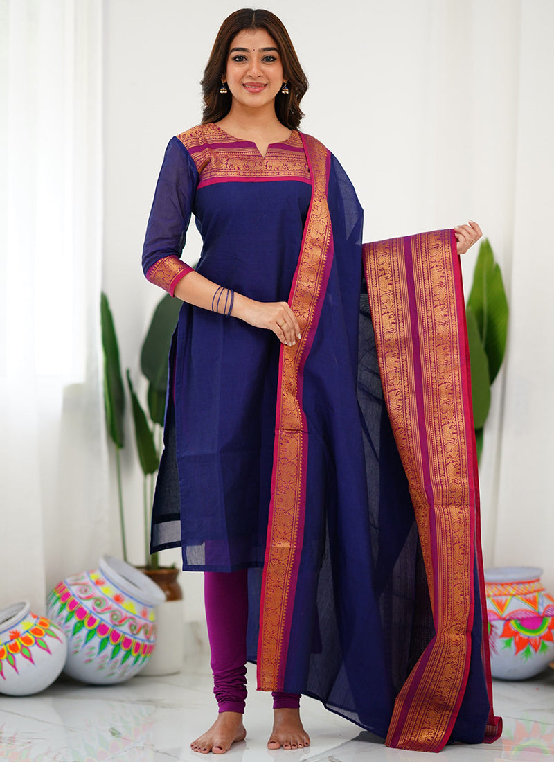 Blue Woven Kanchi Cotton Kurta And Dupatta For Casual Wear