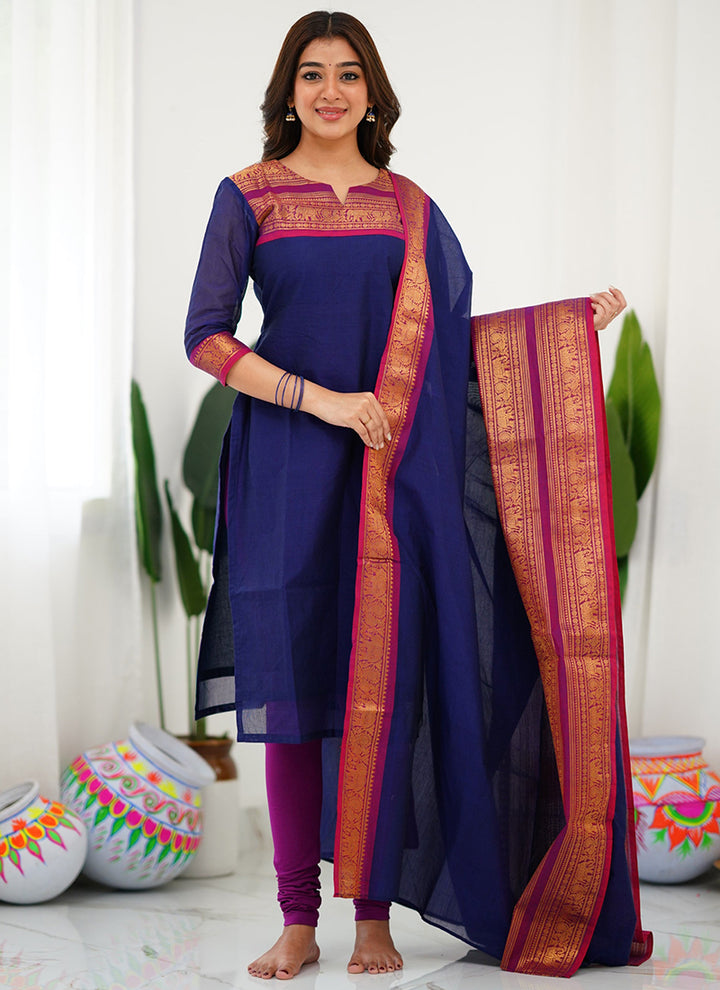 Blue Woven Kanchi Cotton Kurta And Dupatta For Casual Wear