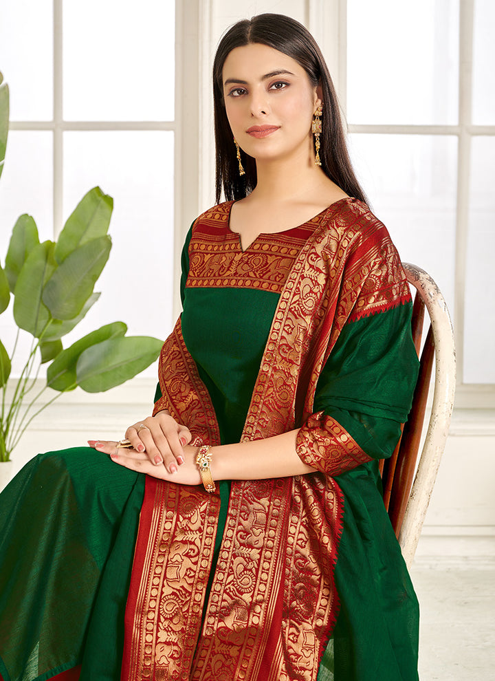 Green Woven Kanchi Cotton Kurta And Dupatta For Casual Wear
