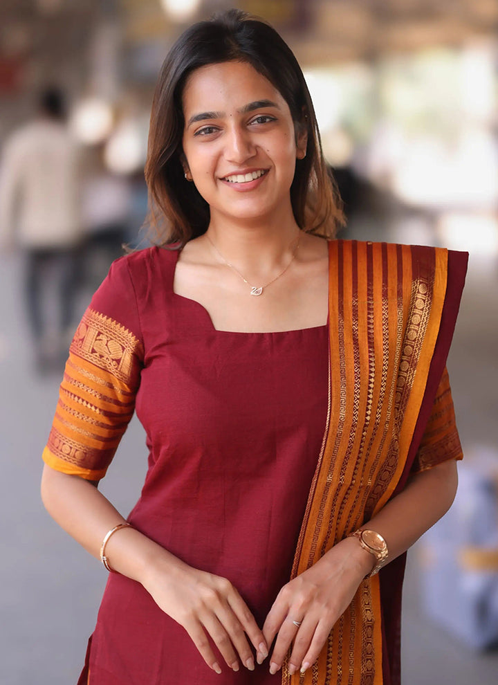 Maroon Kanchi Cotton Weaving Ceremonial Kurta And Dupatta
