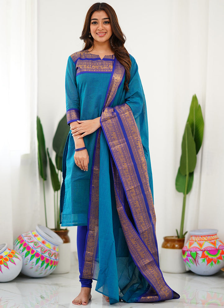 Firozi Woven Kanchi Cotton Kurta And Dupatta For Casual Wear