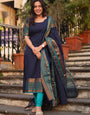 Navy Blue Kanchi Cotton Weaving Ceremonial Kurta And Dupatta