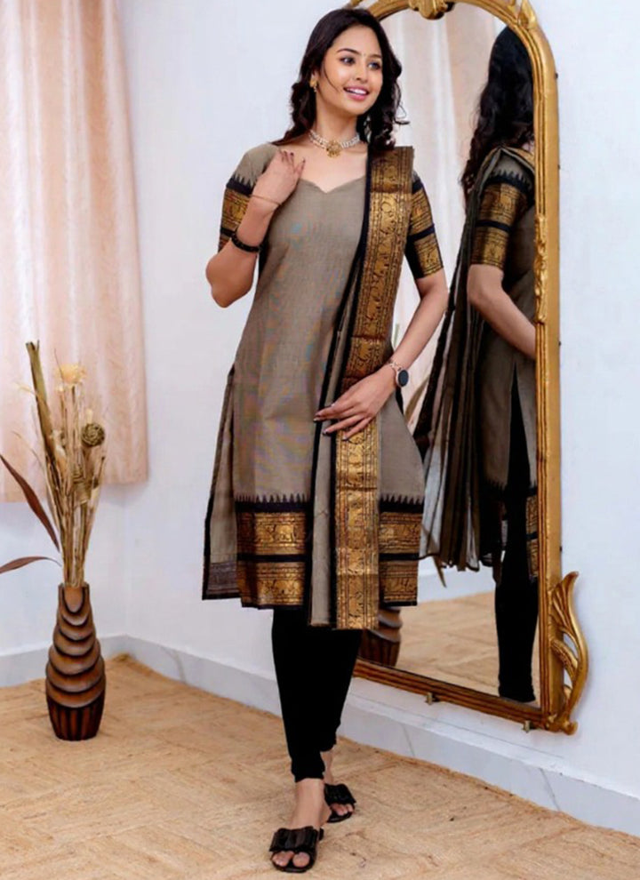 Kanchi Cotton Grey Weaving Casual Kurta And Dupatta