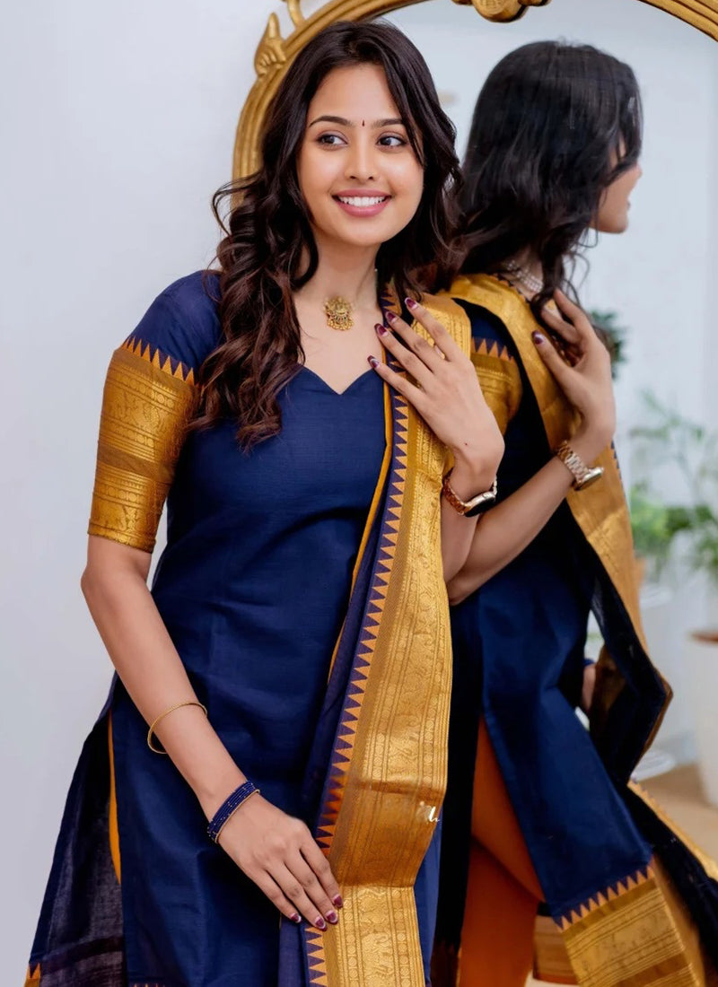 Kanchi Cotton Dark Blue Weaving Casual Kurta And Dupatta