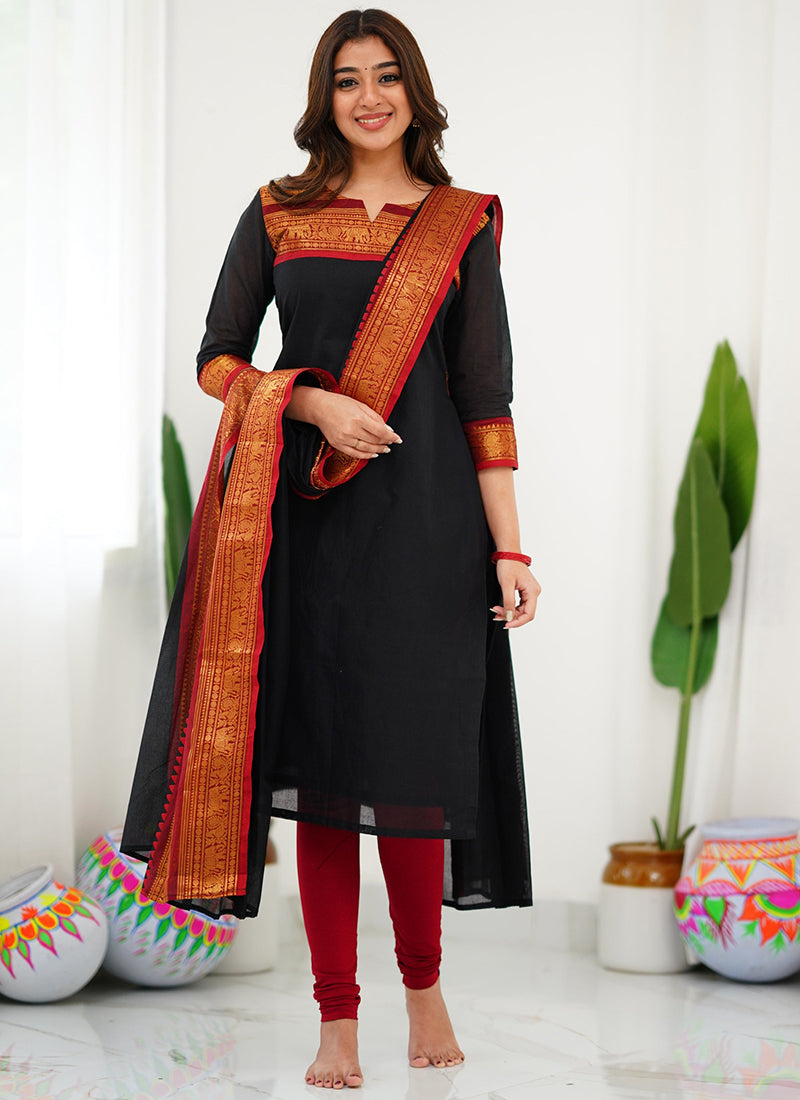 Black Woven Kanchi Cotton Kurta Set For Casual Wear