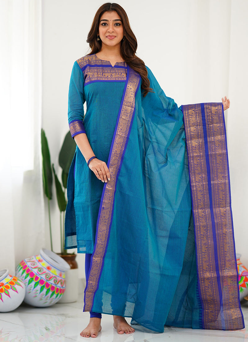 Firozi Woven Kanchi Cotton Kurta And Dupatta For Casual Wear