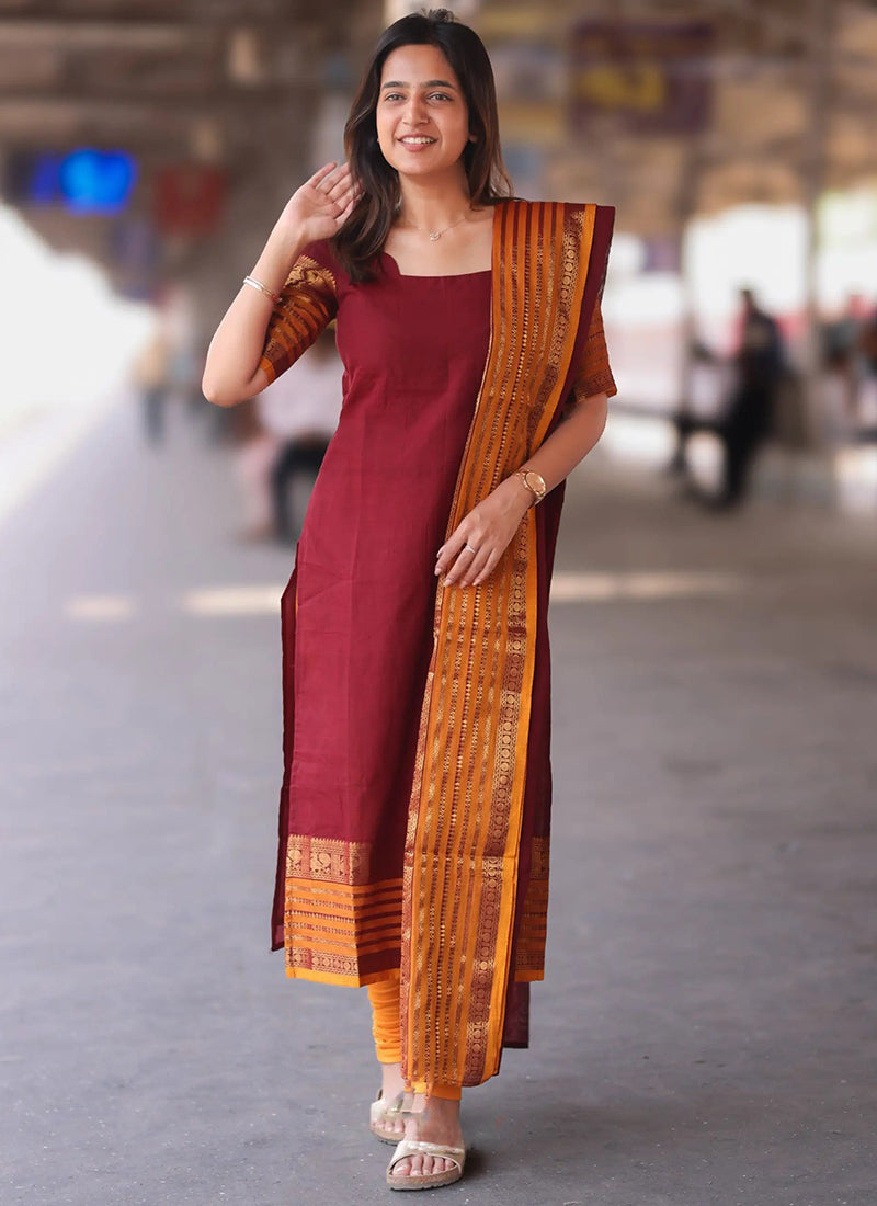 Maroon Kanchi Cotton Weaving Ceremonial Kurta And Dupatta