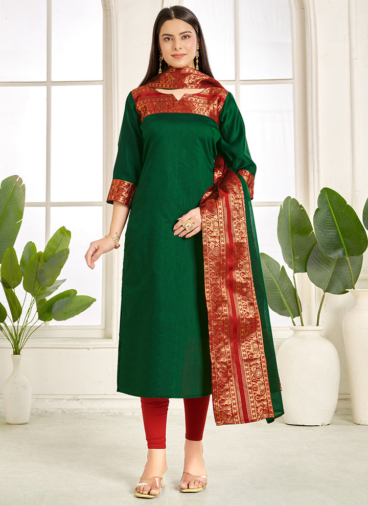 Green Woven Kanchi Cotton Kurta And Dupatta For Casual Wear