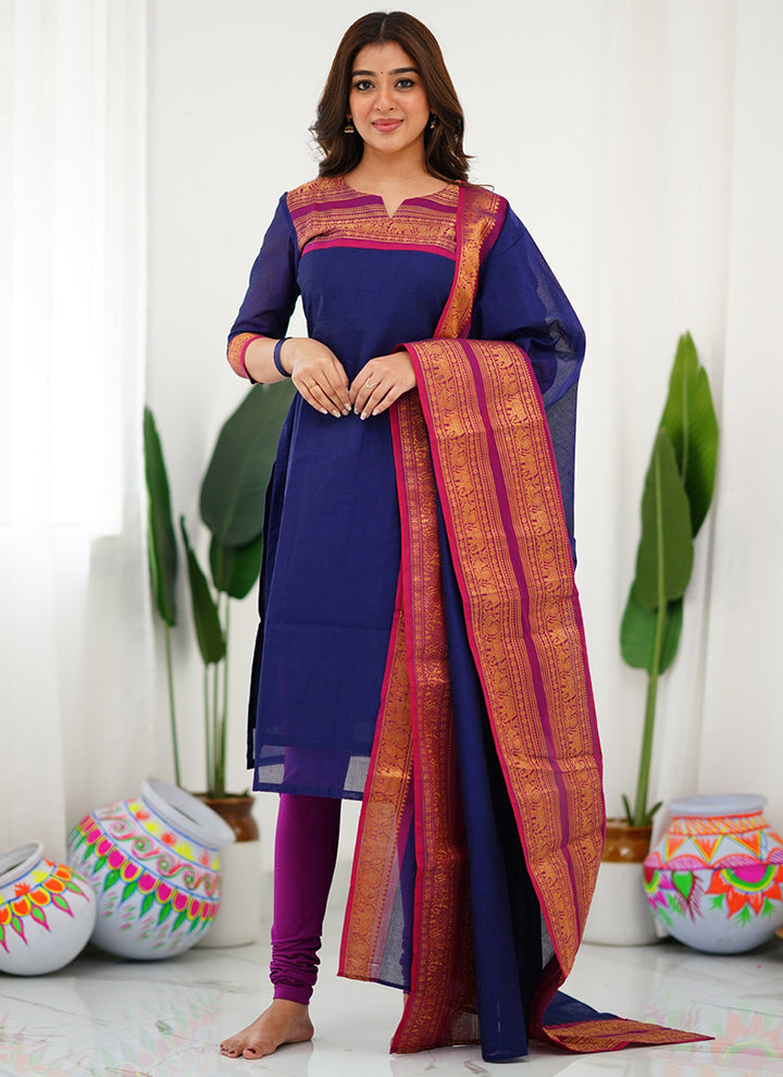 Blue Woven Kanchi Cotton Kurta And Dupatta For Casual Wear