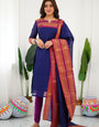 Blue Woven Kanchi Cotton Kurta And Dupatta For Casual Wear