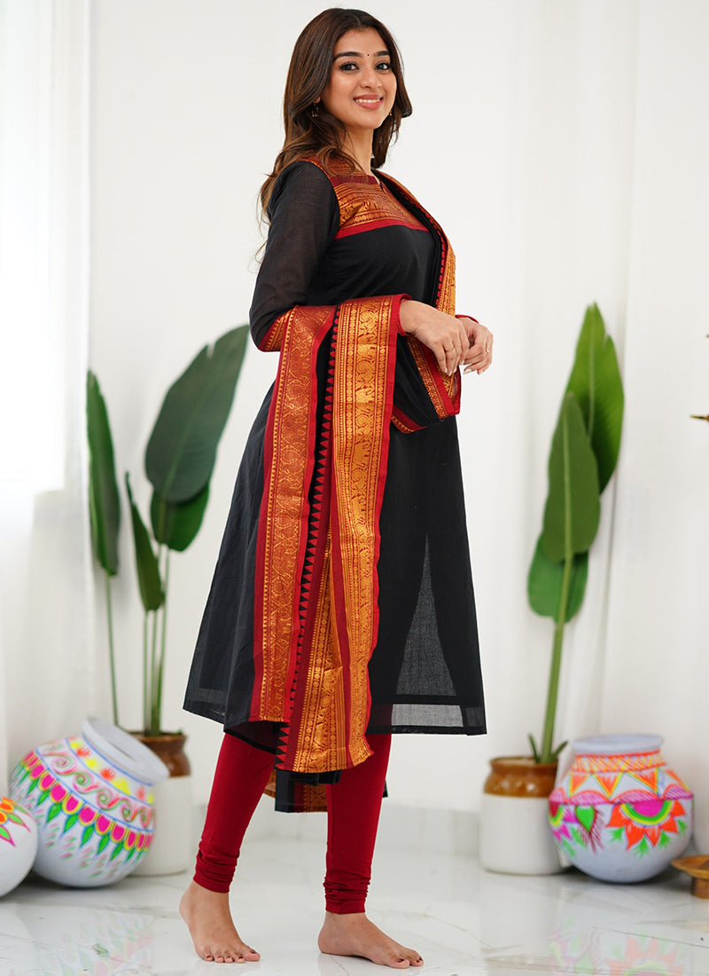 Black Woven Kanchi Cotton Kurta Set For Casual Wear