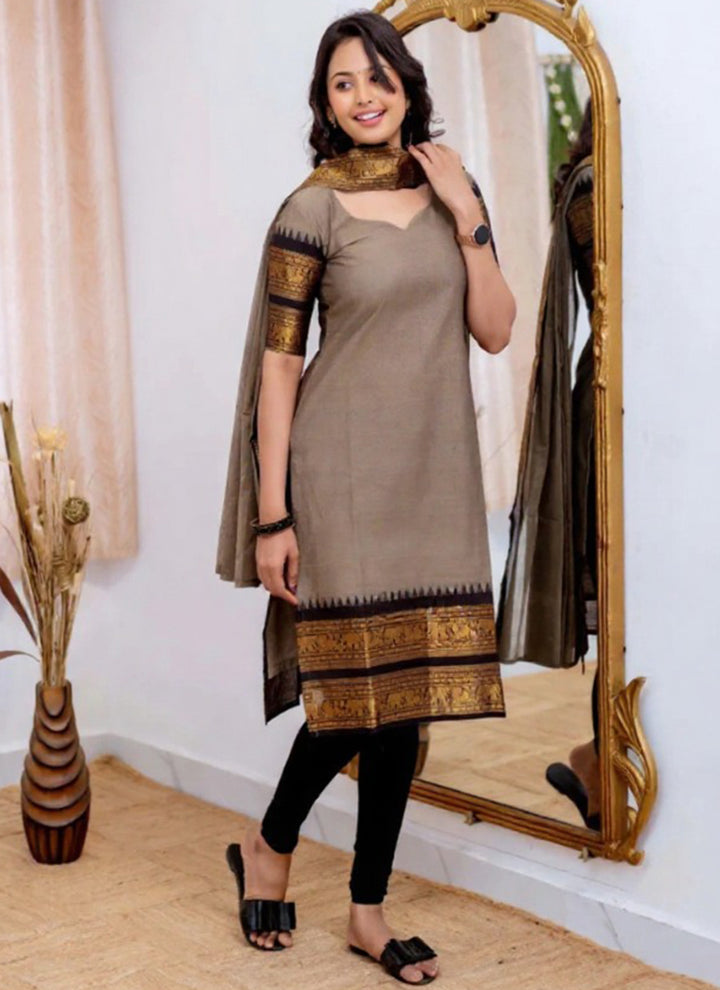 Kanchi Cotton Grey Weaving Casual Kurta And Dupatta