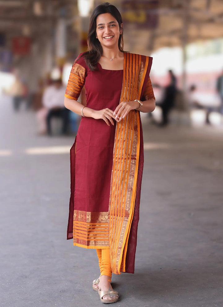Maroon Kanchi Cotton Weaving Ceremonial Kurta And Dupatta