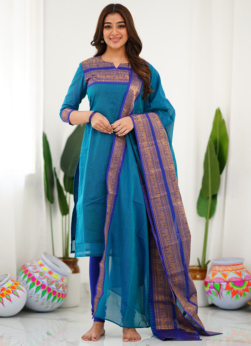 Firozi Woven Kanchi Cotton Kurta And Dupatta For Casual Wear