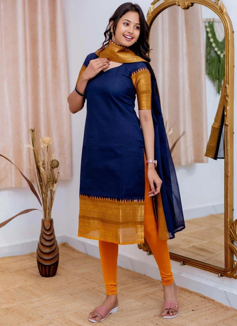 Kanchi Cotton Dark Blue Weaving Casual Kurta And Dupatta