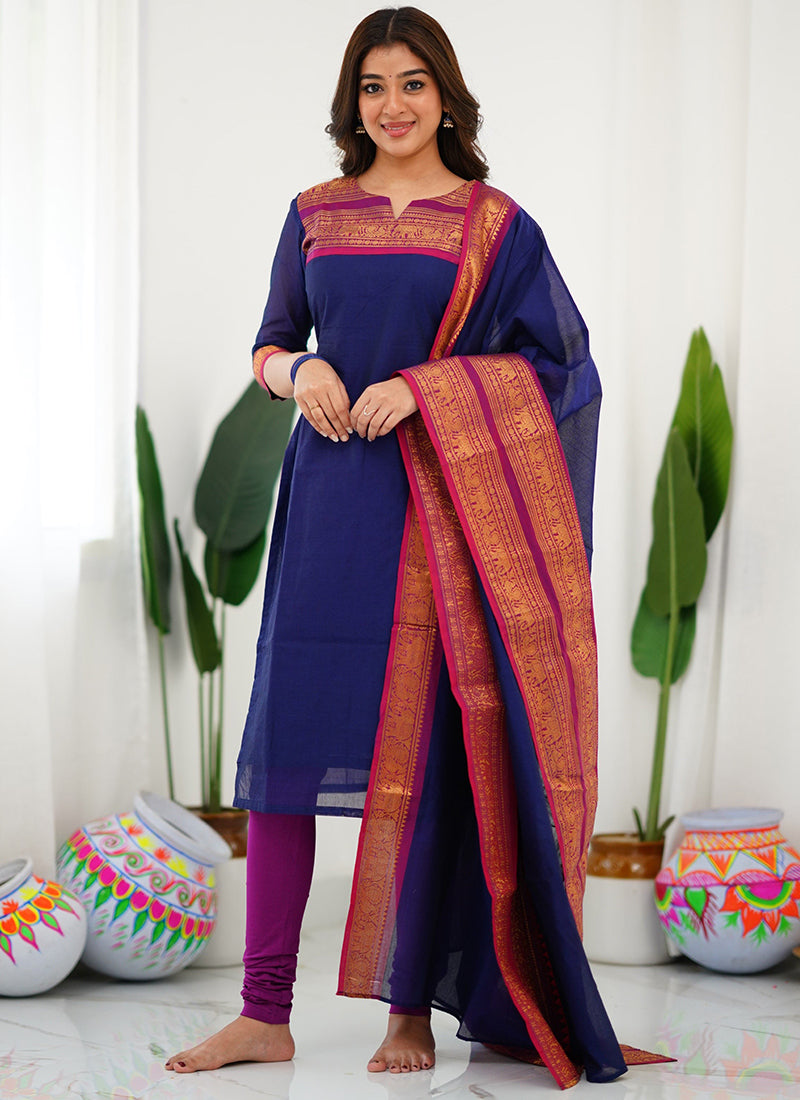 Blue Woven Kanchi Cotton Kurta And Dupatta For Casual Wear