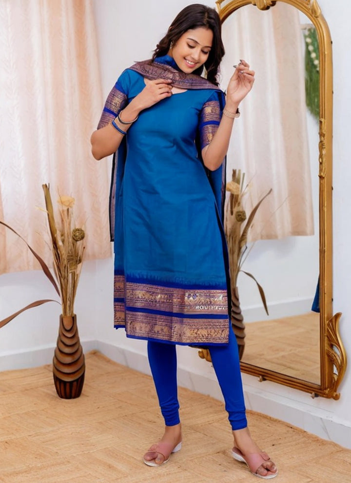 Kanchi Cotton Blue Weaving Casual Kurta And Dupatta