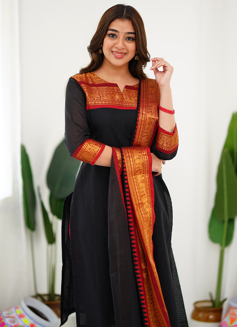 Black Woven Kanchi Cotton Kurta Set For Casual Wear
