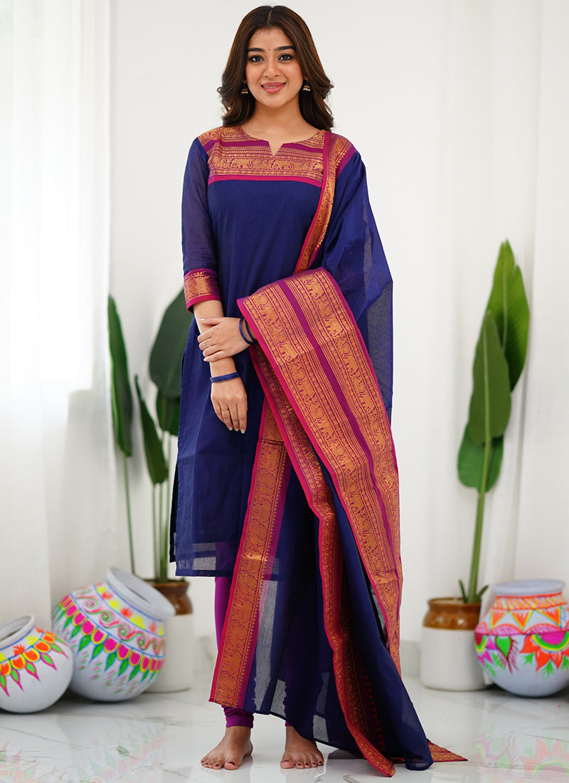 Blue Woven Kanchi Cotton Kurta And Dupatta For Casual Wear