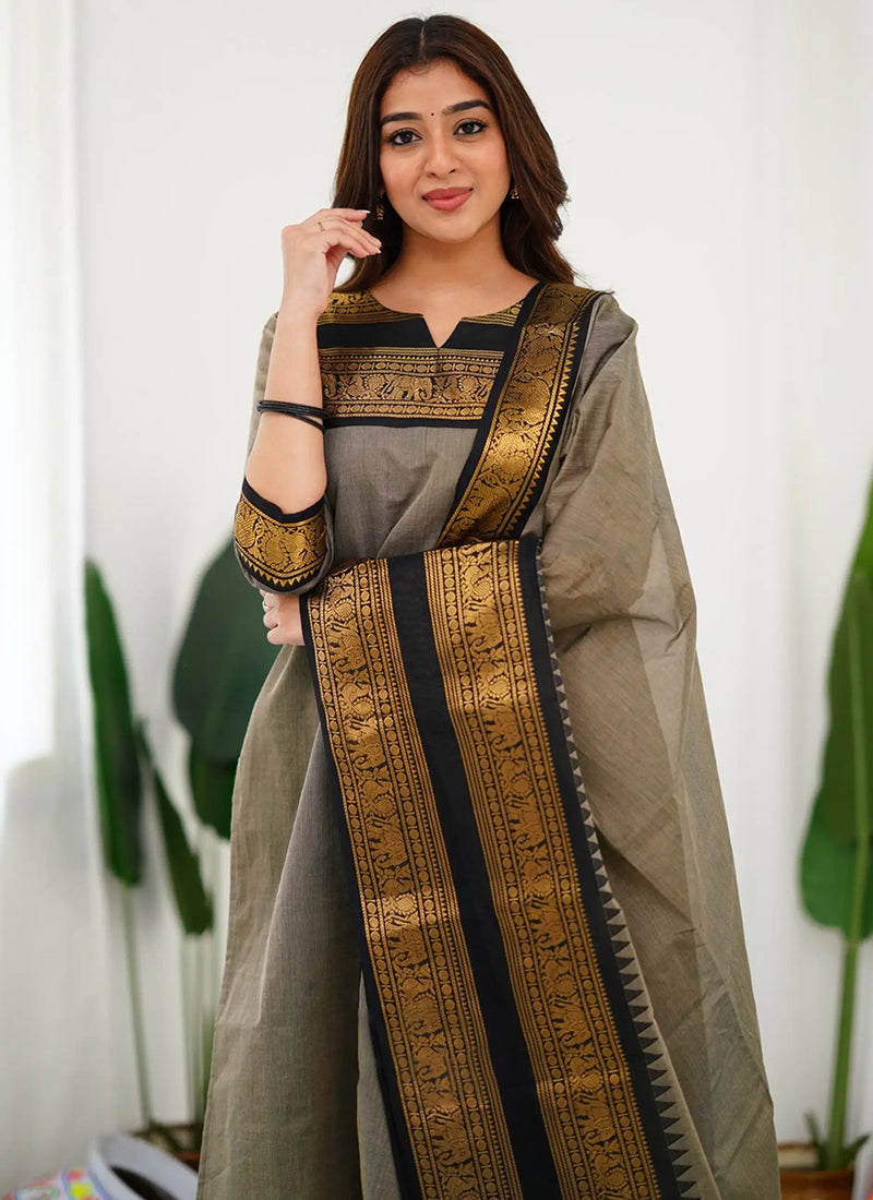 Grey Woven Kanchi Cotton Kurta And Dupatta For Casual Wear