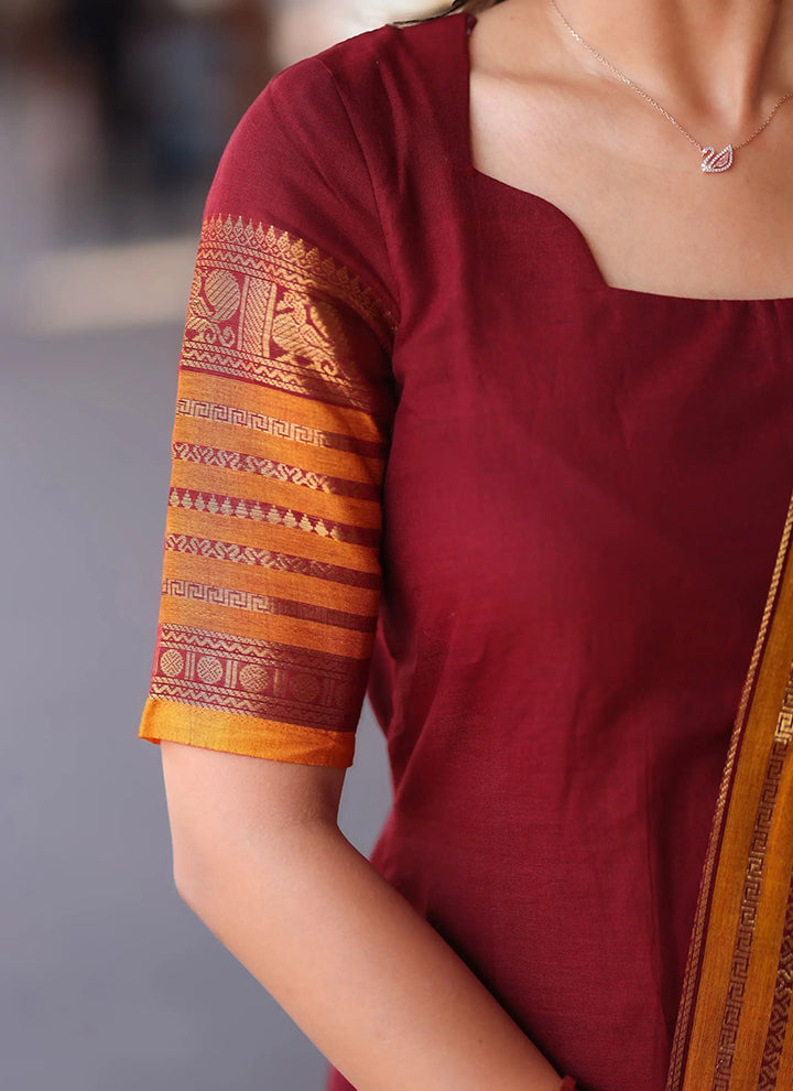 Maroon Kanchi Cotton Weaving Ceremonial Kurta And Dupatta