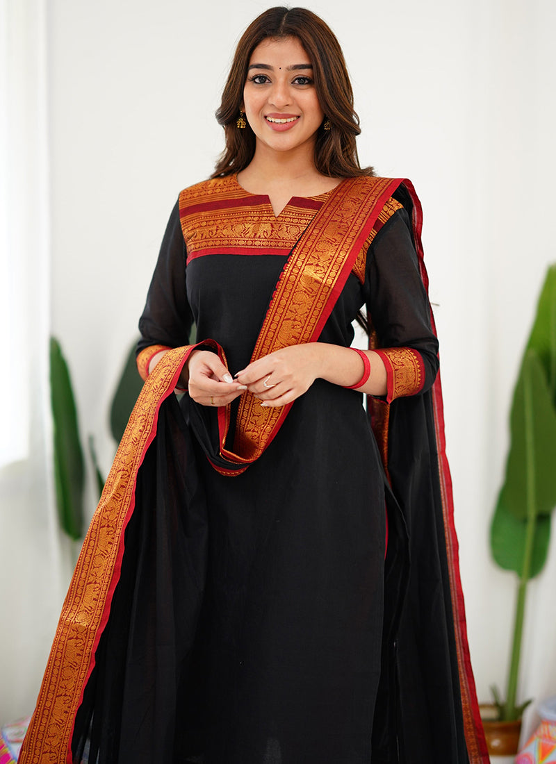 Black Woven Kanchi Cotton Kurta Set For Casual Wear