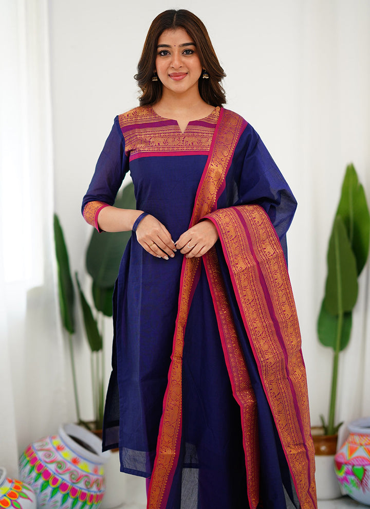 Blue Woven Kanchi Cotton Kurta And Dupatta For Casual Wear