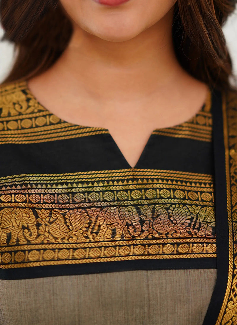 Grey Woven Kanchi Cotton Kurta And Dupatta For Casual Wear