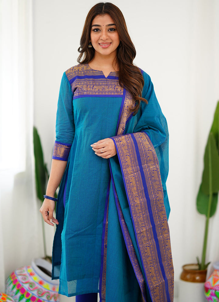 Firozi Woven Kanchi Cotton Kurta And Dupatta For Casual Wear