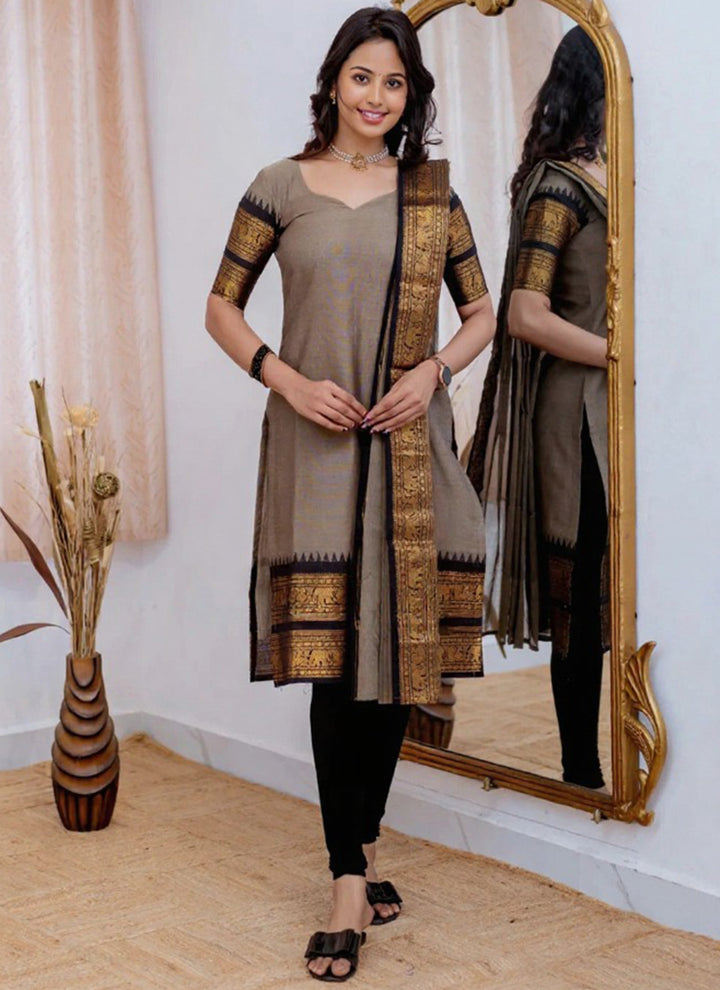Kanchi Cotton Grey Weaving Casual Kurta And Dupatta