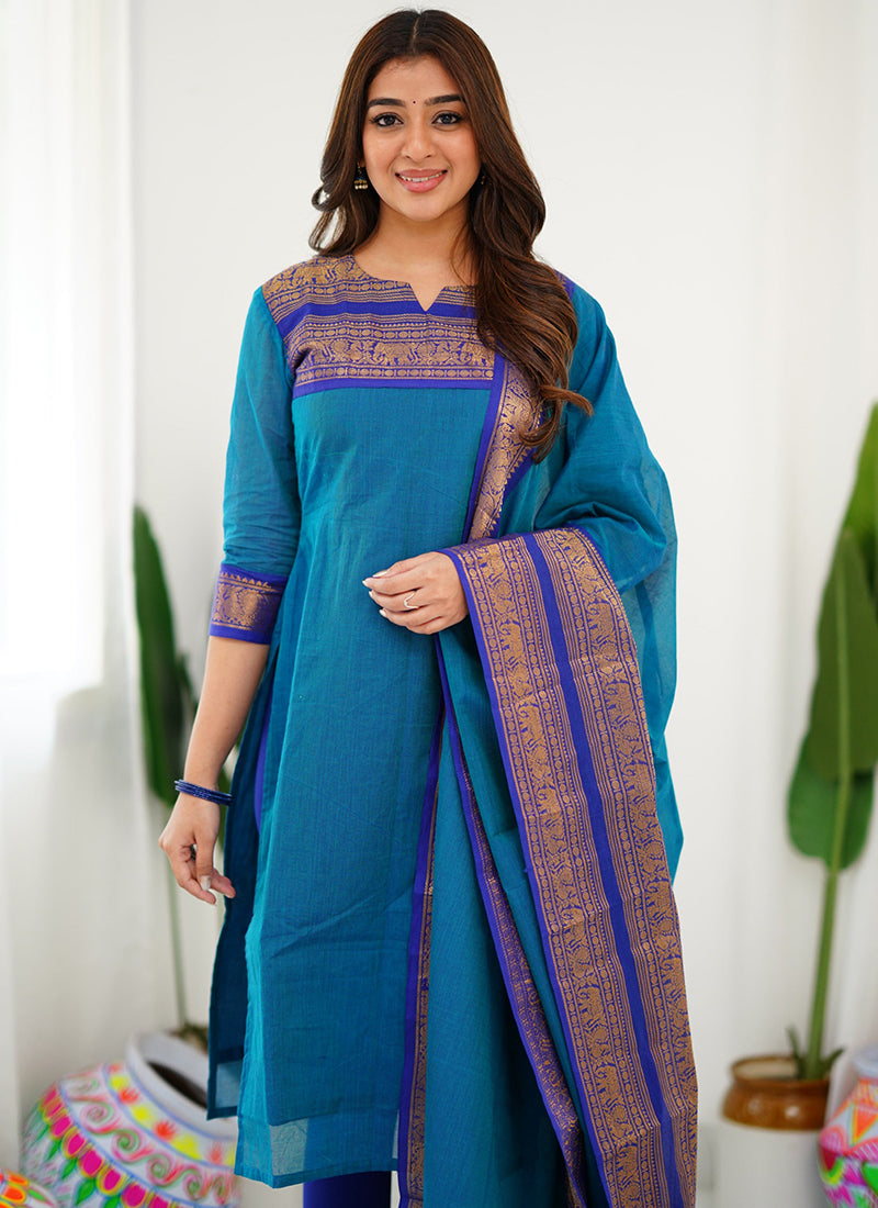 Firozi Woven Kanchi Cotton Kurta Set For Casual Wear