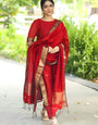 Red Weaving Kanchi Cotton Casual Kurta And Dupatta