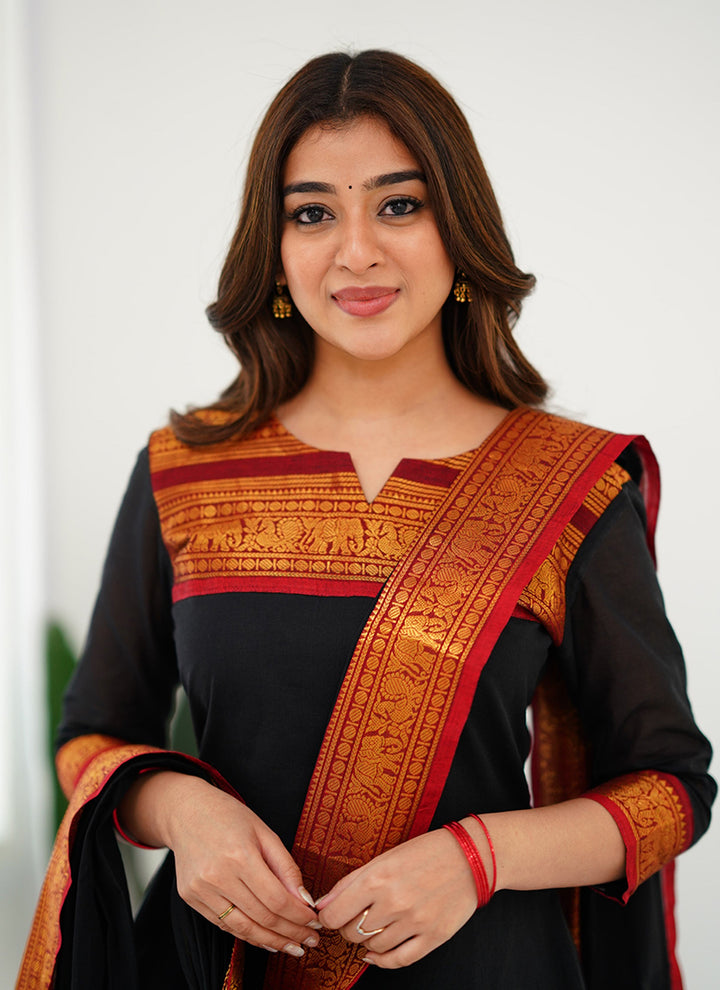 Black Woven Kanchi Cotton Kurta Set For Casual Wear