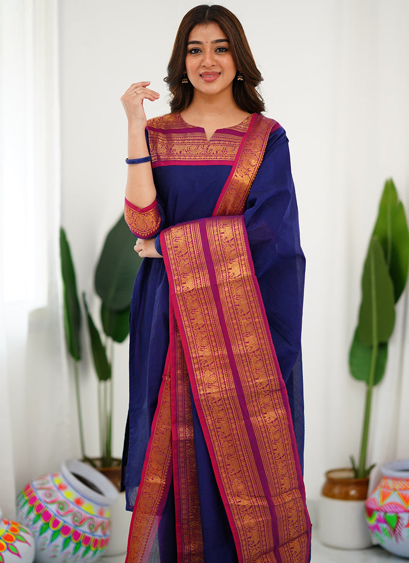 Blue Woven Kanchi Cotton Kurta And Dupatta For Casual Wear