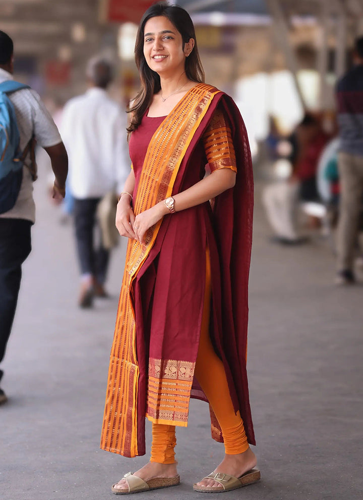 Maroon Kanchi Cotton Weaving Ceremonial Kurta And Dupatta