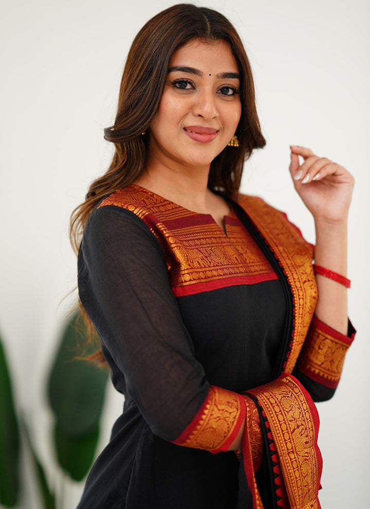 Black Woven Kanchi Cotton Kurta Set For Casual Wear