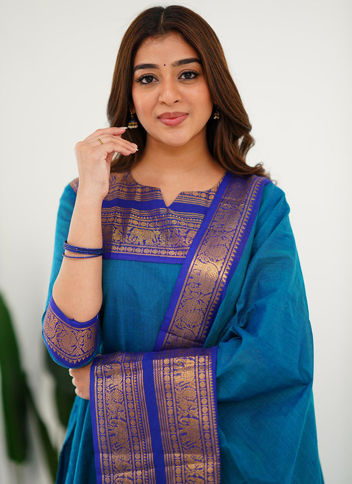 Firozi Woven Kanchi Cotton Kurta And Dupatta For Casual Wear