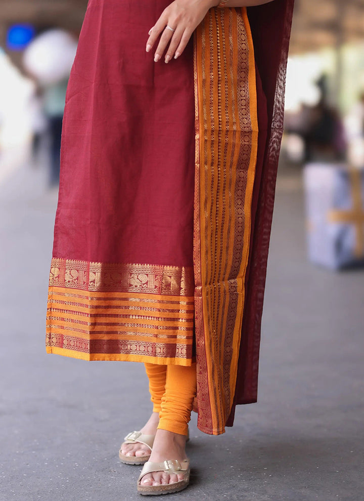 Maroon Kanchi Cotton Weaving Ceremonial Kurta And Dupatta
