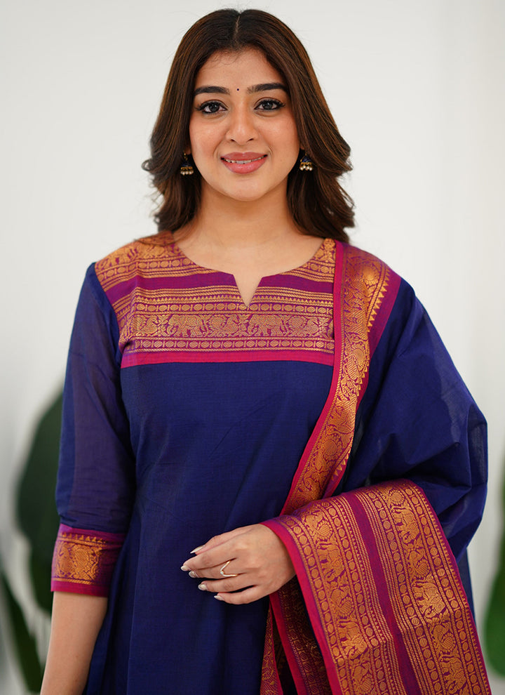 Blue Woven Kanchi Cotton Kurta And Dupatta For Casual Wear