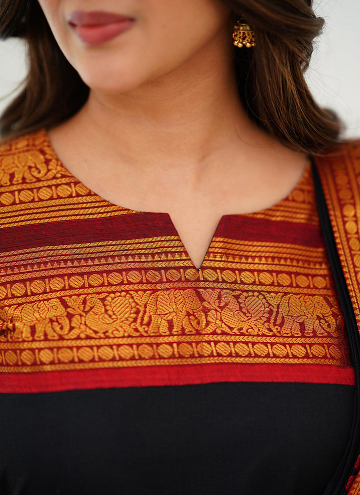 Black Woven Kanchi Cotton Kurta Set For Casual Wear