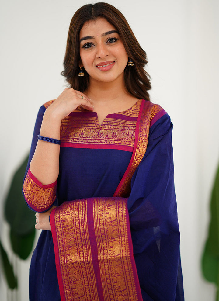 Blue Woven Kanchi Cotton Kurta And Dupatta For Casual Wear