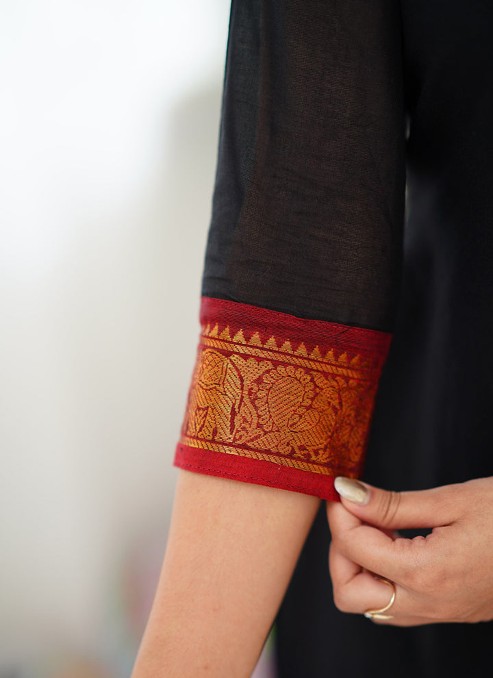 Black Woven Kanchi Cotton Kurta Set For Casual Wear