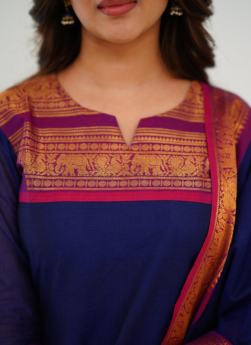 Blue Woven Kanchi Cotton Kurta And Dupatta For Casual Wear