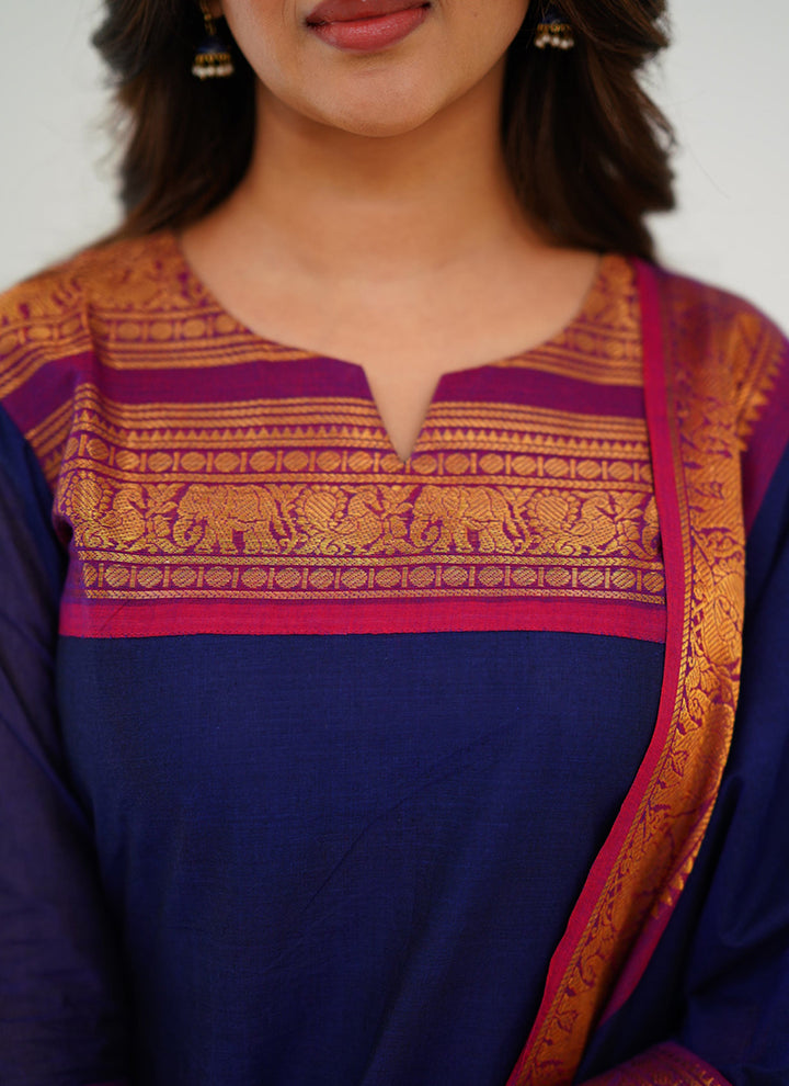 Blue Woven Kanchi Cotton Kurta And Dupatta For Casual Wear