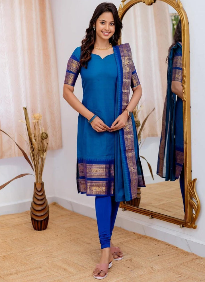 Kanchi Cotton Blue Weaving Casual Kurta And Dupatta