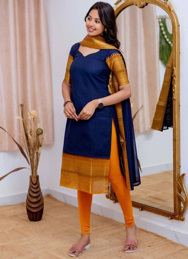 Kanchi Cotton Dark Blue Weaving Casual Kurta And Dupatta