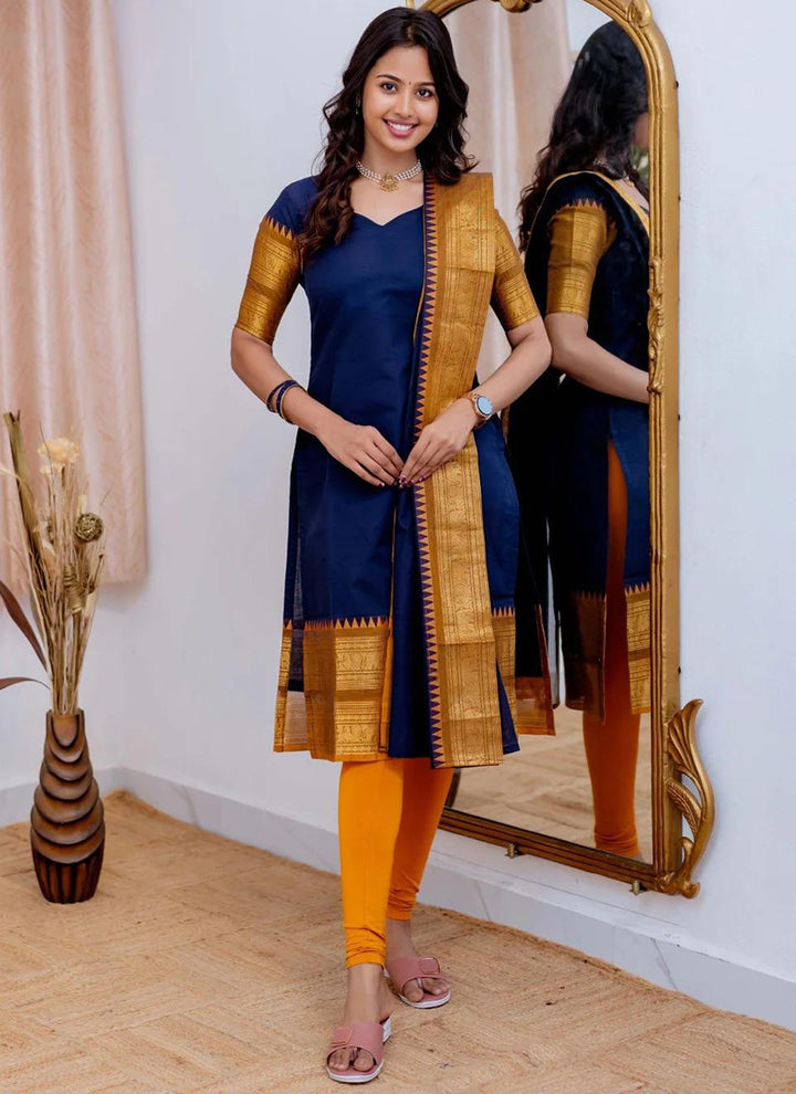Kanchi Cotton Dark Blue Weaving Casual Kurta And Dupatta