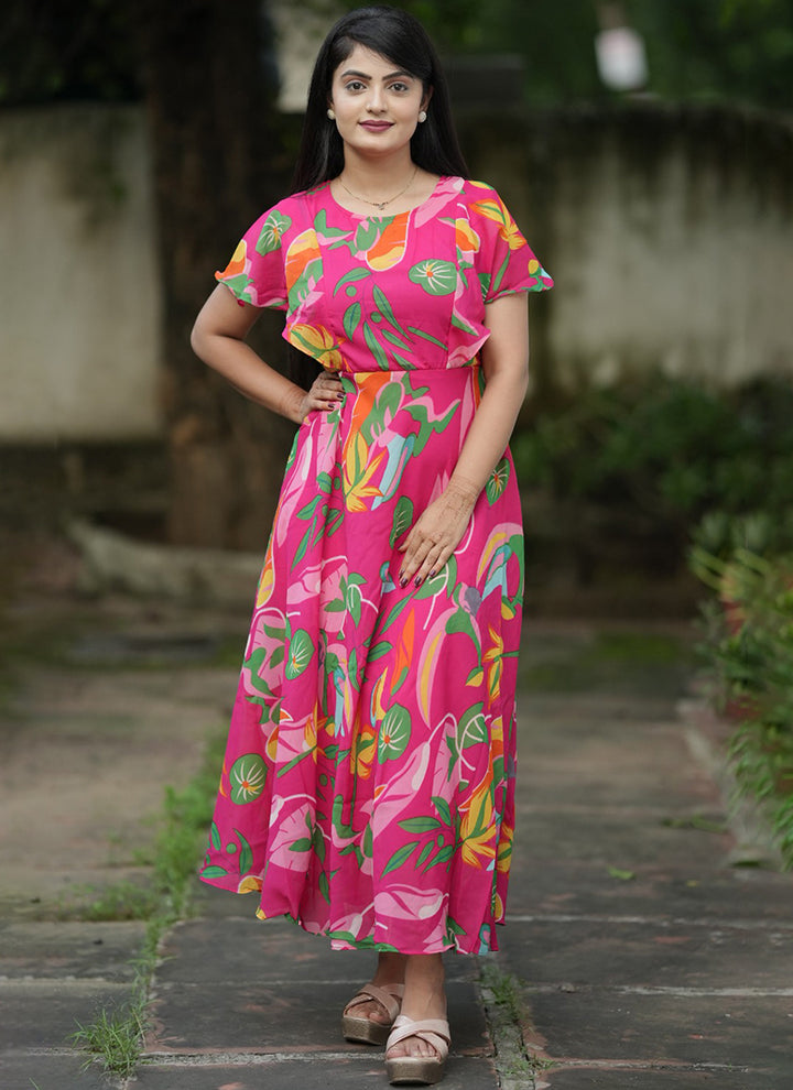 Pink Leaf Printed Georgette Party Wear Dress